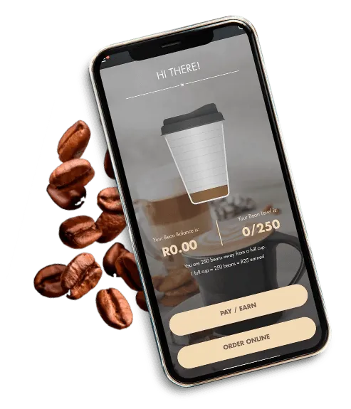 Mobile phone showing app with coffee beans in background