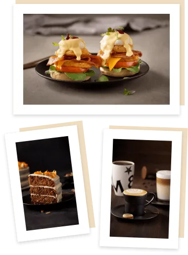 Two poached eggs with carrot cake and coffee
