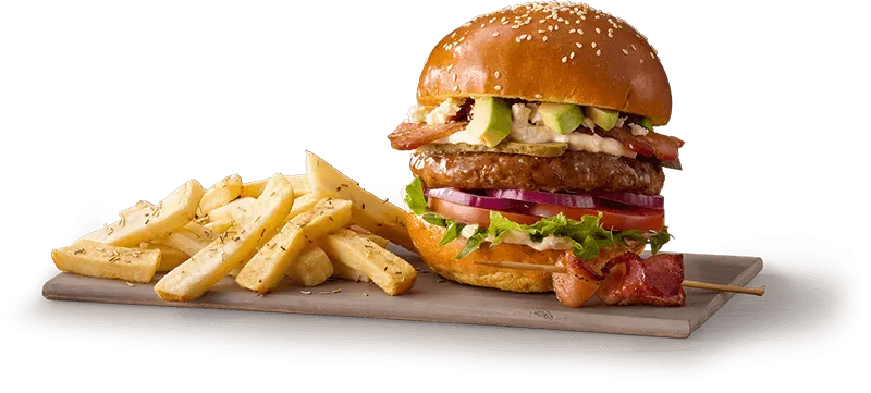 Avo and bacon burger with crispy fries