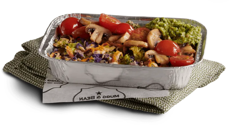 Roasted mushrooms and tomato in takeaway container