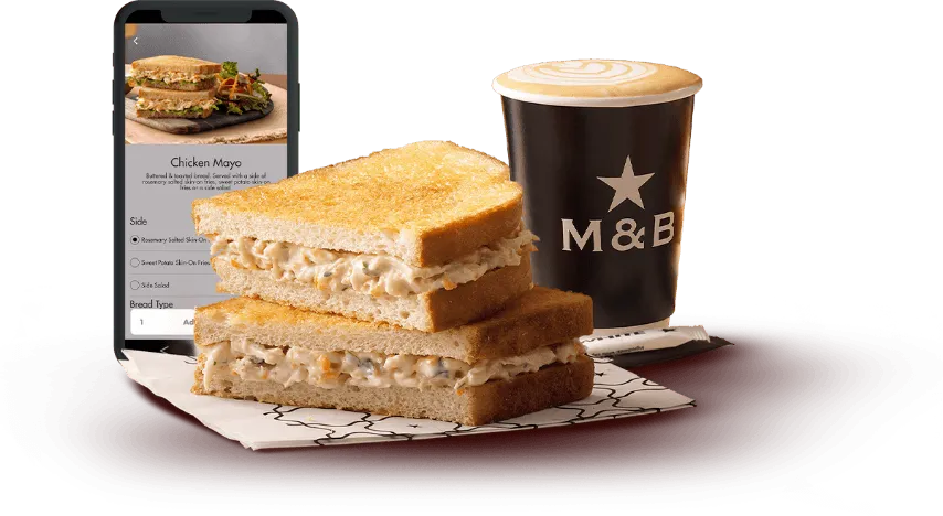 Mugg & Bean app on a phone with toasted sandwich and takeaway coffee