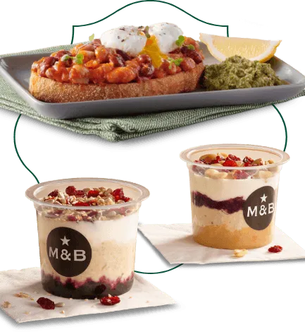 Plant based beans on toast breakfast with two breakfast dessert cups alongside