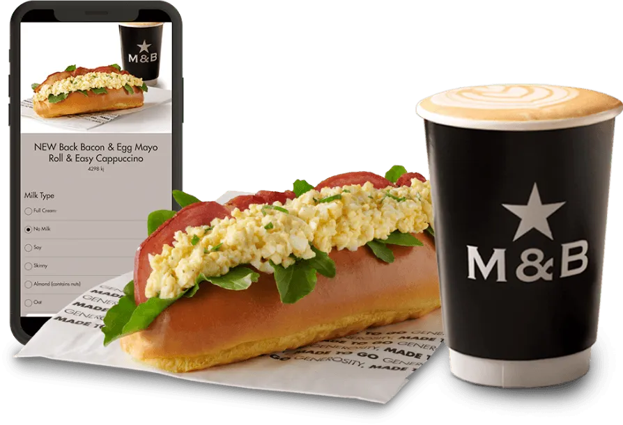 Mugg & Bean app on a phone with breakfast roll and takeaway coffee