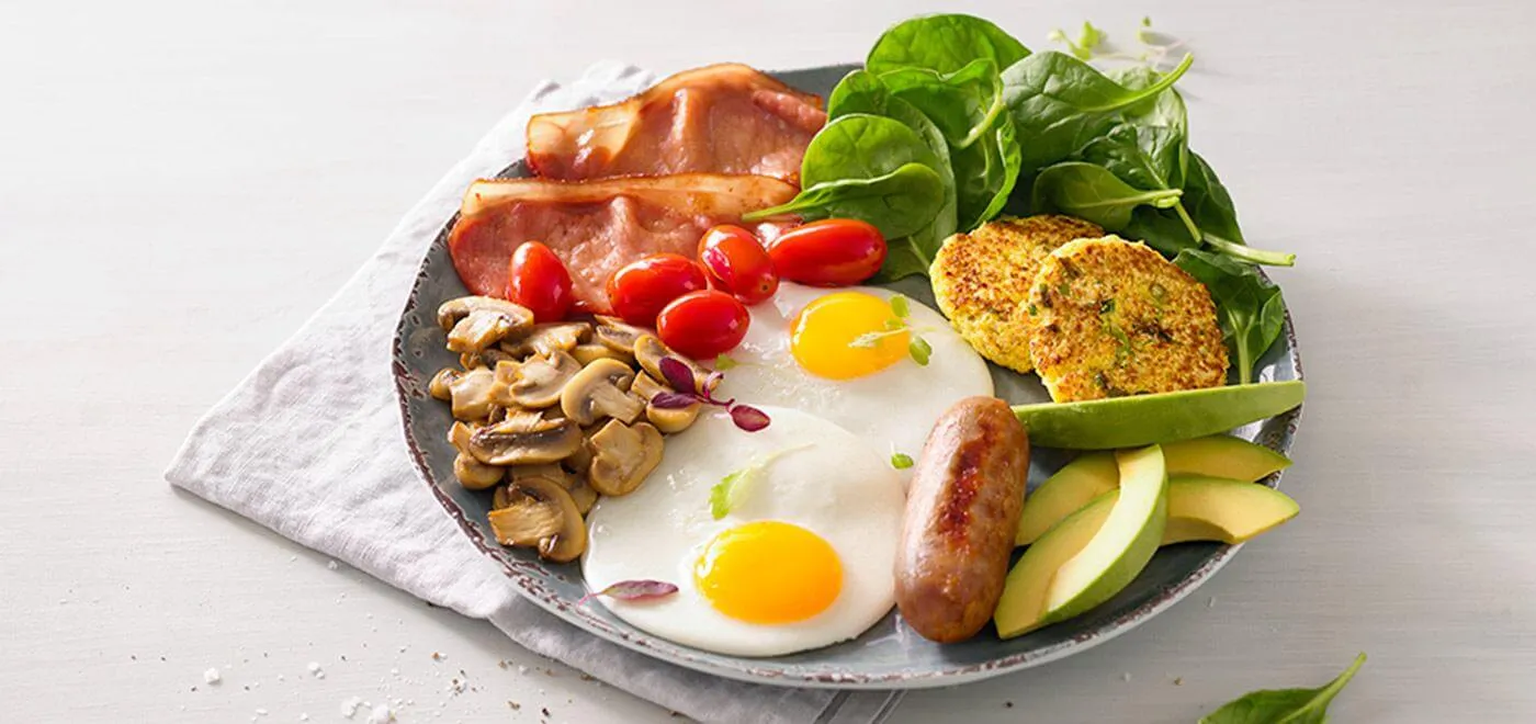 country style breakfast with bacon, egg and sausage