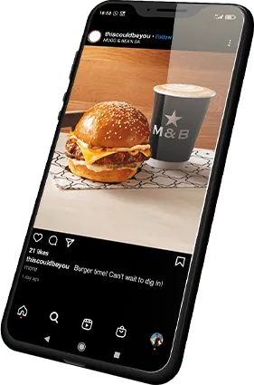 Beef burger and M&B takeaway coffee image on phone