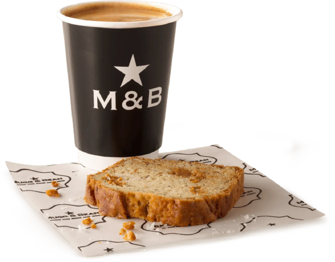 Salted caramel loaf slice and coffee in a takeaway cup
