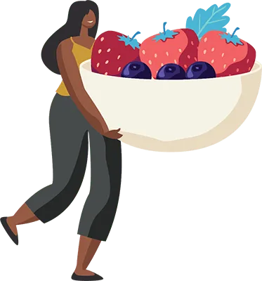 Lady carying large bowls of fruit illustration